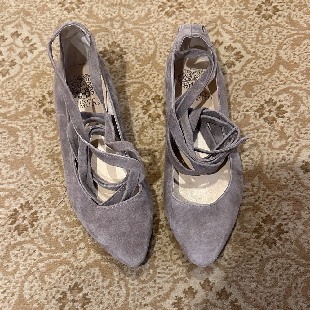 Vince Camuto Suede Lace-Up Heels in Gray